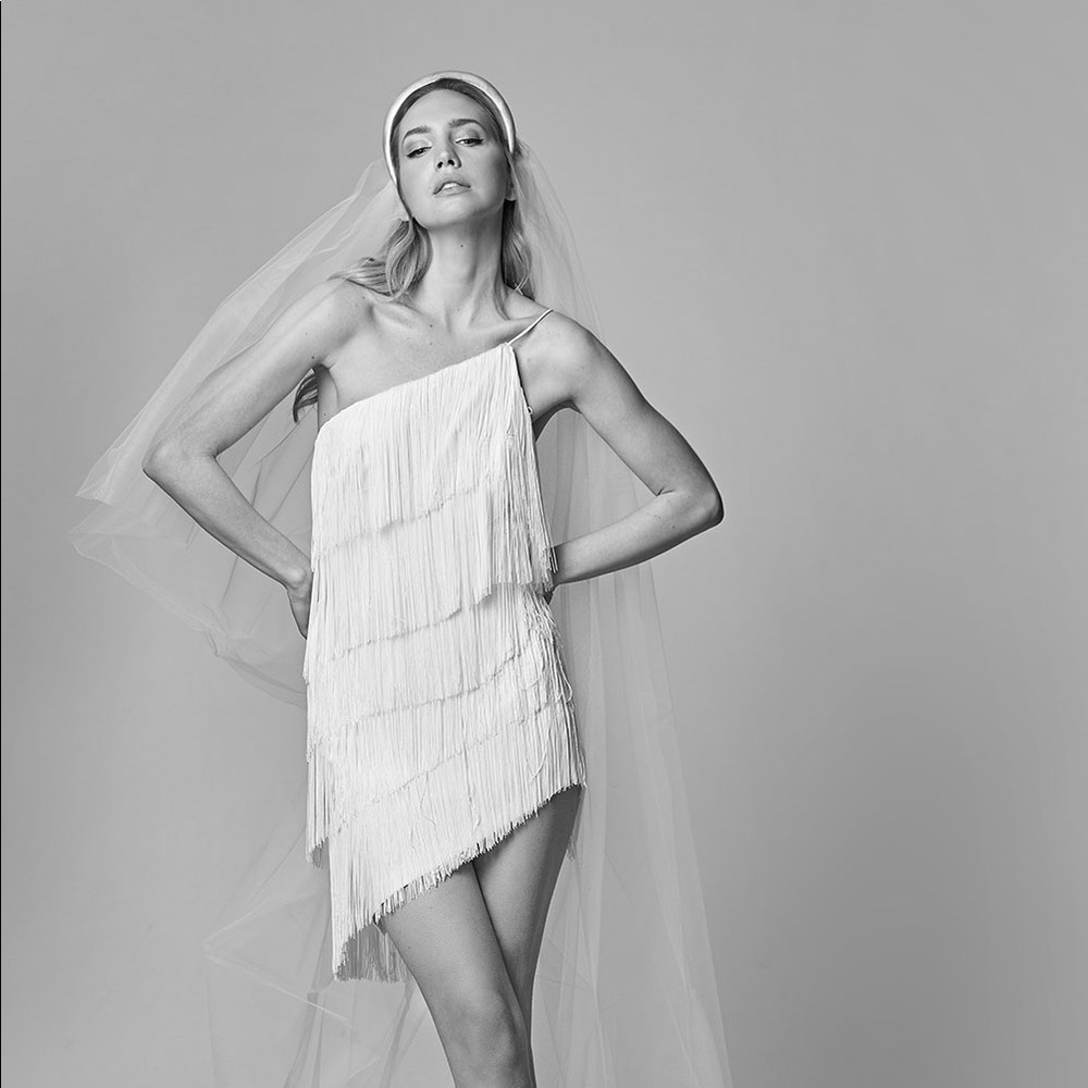 WHITE ASYMMETRIC short fringe dress. Reception/Bachlorette party dress